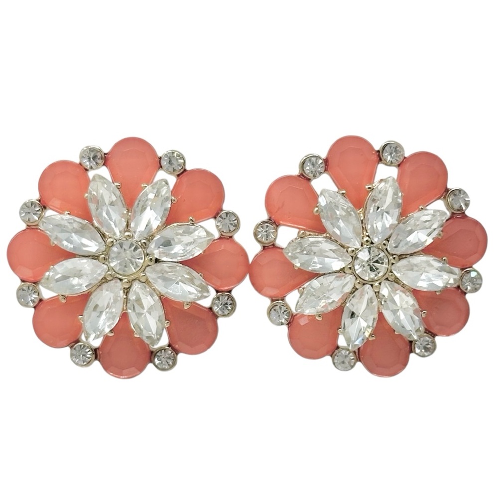 Pink Flower Large Statement Stud Fancy Rhinestone Earrings